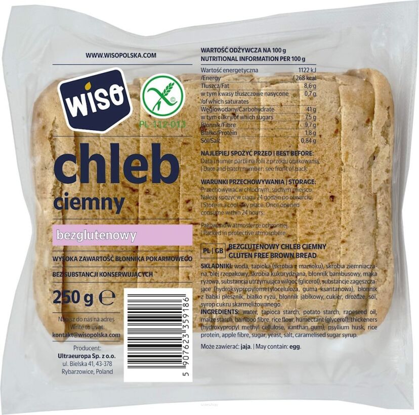 CHLEB CIEMNY KROJONY BEZGLUTENOWY 250 g - WISO