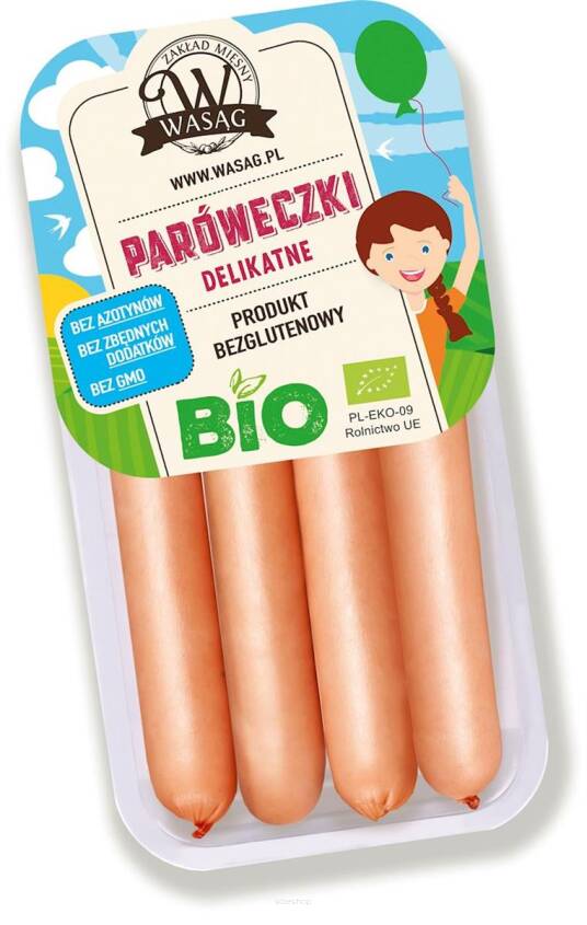 PARÓWKI WIEPRZOWE DELIKATNE BEZGLUTENOWE BIO 150 g - WASĄG (Z PÓŁKI)