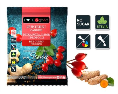 Cukierki z dziką różą, imbirem i propolisem ze stewią bez dodatku cukru 50 g - Pure&Good