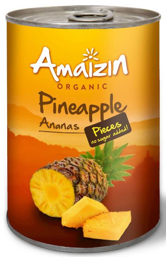 ANANAS KAWAŁKI W SOKU WŁASNYM BIO 400 g (240 g) (PUSZKA) - AMAIZIN