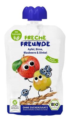 MUS JABŁKO - GRUSZKA - BORÓWKA - ZBOŻA BEZ DODATKU CUKRÓW OD 6 MIESIĄCA BIO 100 g - FRECHE FREUNDE