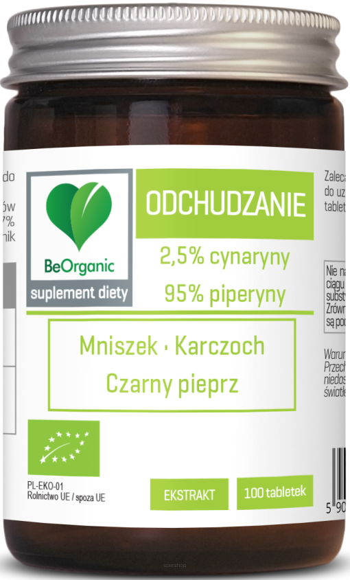 TABLETKI WSPOMAGAJĄCE ODCHUDZANIE (MNISZEK, KARCZOCH, CZARNY PIEPRZ) BIO 100 szt. (401 mg) - BE ORGANIC