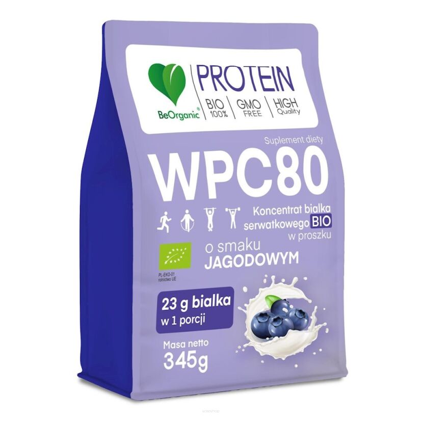 BIAŁKO SERWATKOWE O SMAKU JAGODOWYM (KONCENTRAT WPC 80) BEZ DODATKU CUKRÓW BIO 345 g - BE ORGANIC