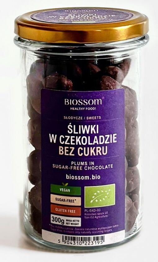 #ŚLIWKI KALIFORNIJSKIE W CZEKOLADZIE BEZ DODATKU CUKRU BEZGLUTENOWE BIO 300 g - BIOSSOM