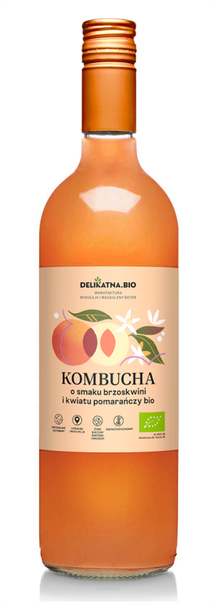 KOMBUCHA O SMAKU BRZOSKWINI I KWIATU POMARAŃCZY BIO 750 ml - DELIKATNA (ZAKWASOWNIA)