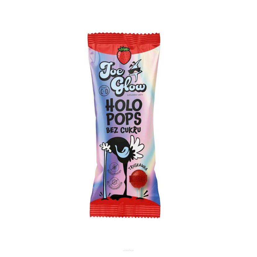 LIZAK KULKA HOLO POPS O SMAKU TRUSKAWKOWYM Z WITAMINĄ D I C BEZ CUKRU BEZGLUTENOWY 8 g - JOE GLOW
