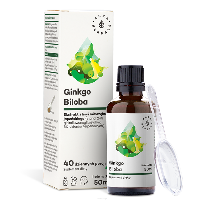 Ginkgo Biloba, ekstrakt Miłorząb Japoński 50:1 45 mg, płyn 50 ml Aura Herbals 