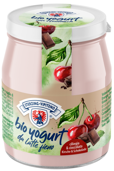 JOGURT WIŚNIOWY Z KAWAŁKAMI CZEKOLADY Z MLEKA SIENNEGO BEZGLUTENOWY BIO 150 g (SŁOIK) - STERZING-VIPITENO