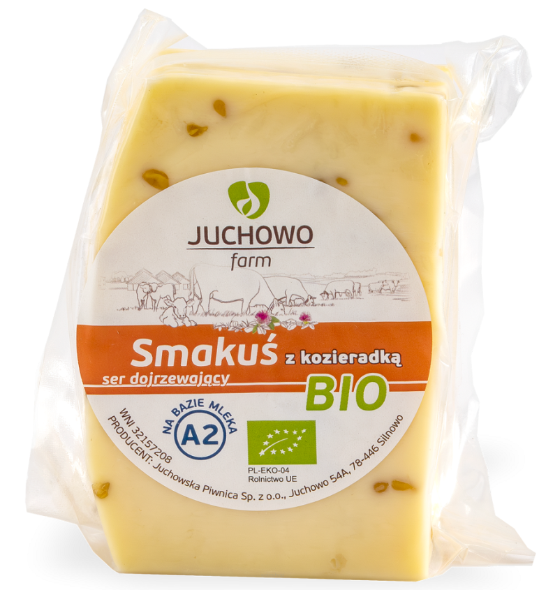 SER ŻÓŁTY DOJRZEWAJĄCY Z KOZIERADKĄ SMAKUŚ Z MLEKA A2 BIO (około 0,30 kg) - JUCHOWO (NA ZAMÓWIENIE)