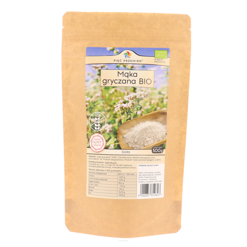 Mąka gryczana BIAŁA BIO bezglutenowa 500 g - Pięć Przemian