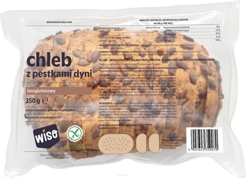 CHLEB Z PESTKAMI DYNI BEZGLUTENOWY 350 g - WISO