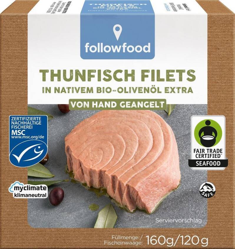 TUŃCZYK BONITO MSC FILETY FAIR TRADE W BIO OLIWIE Z OLIWEK EXTRA VIRGIN  160 g (120 g) - FOLLOWFOOD