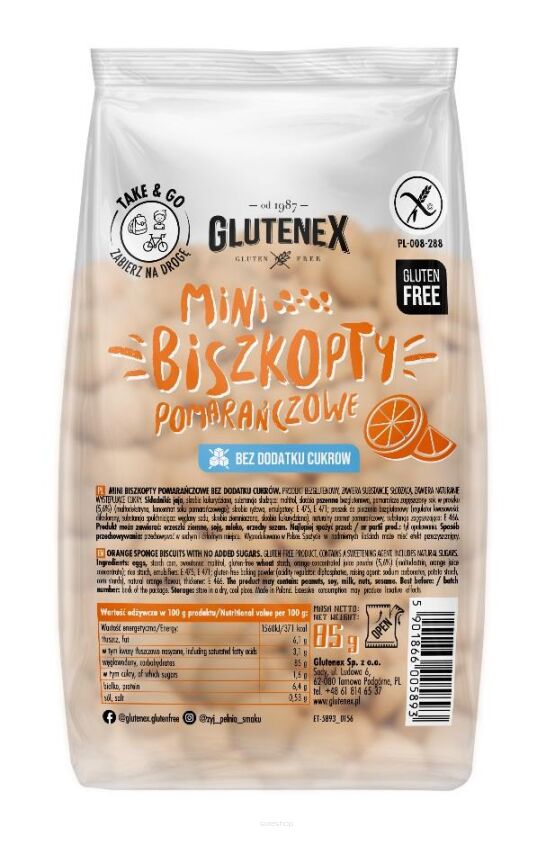 MINI BISZKOPTY POMARAŃCZOWE BEZ DODATKU CUKRÓW BEZGLUTENOWE 85 g - GLUTENEX