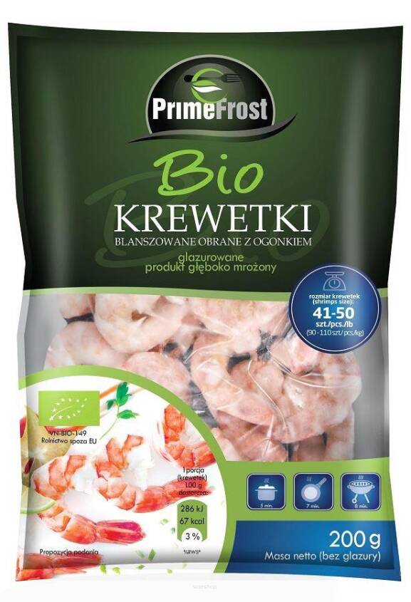 KREWETKI TYGRYSIE GOTOWANE I OBRANE Z OGONKIEM MROŻONE BIO 200 g - PRIMEFROST