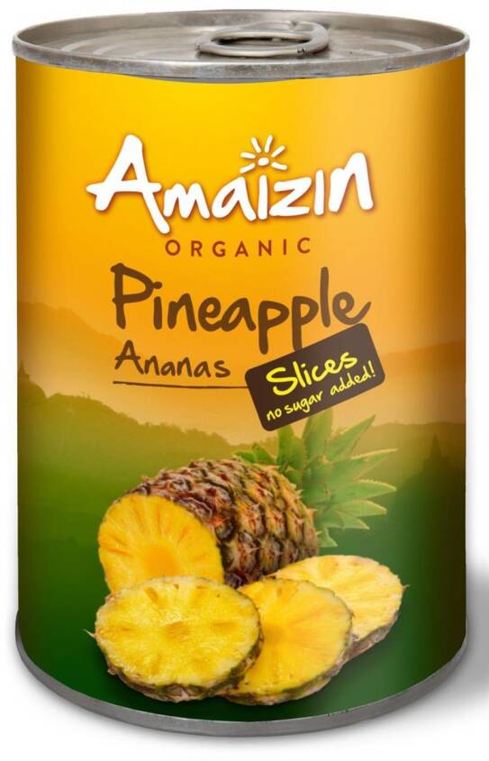 ANANAS PLASTRY W SOKU WŁASNYM BIO 400 g (220 g) (PUSZKA) - AMAIZIN