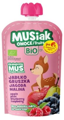 Mus owocowy jabłko - gruszka - czarna jagoda -malina BIO 120g