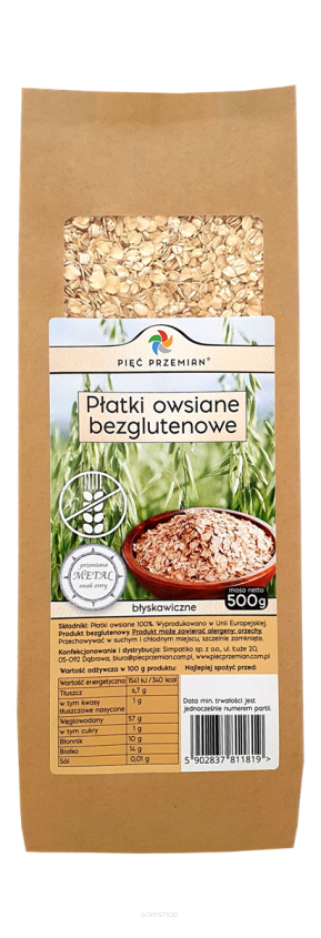 Płatki owsiane bezglutenowe błyskawiczne 500 g - Pięć Przemian