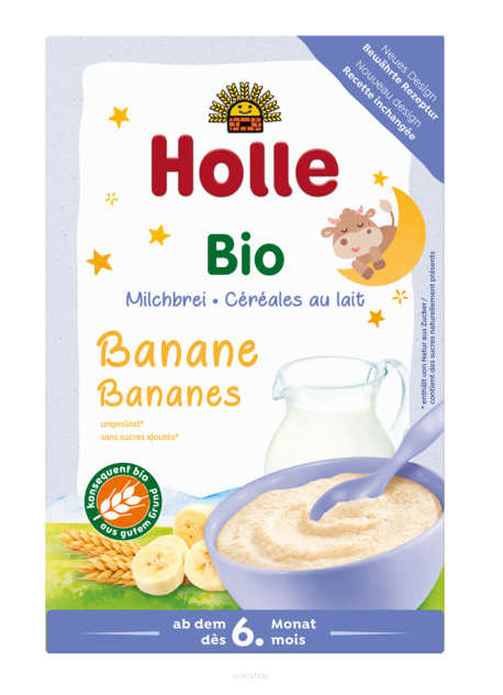 KASZKA PEŁNOZIARNISTA MLECZNO - BANANOWA BEZ DODATKU CUKRÓW OD 6 MIESIĄCA BIO 250 g - HOLLE