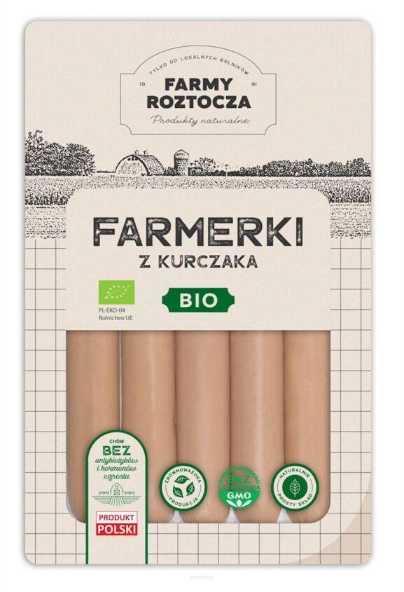 PARÓWKI FARMERKI Z KURCZAKA BIO 250 g - FARMY ROZTOCZA (NA ZAMÓWIENIE)