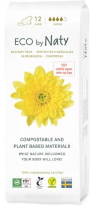 Ekologiczne podpaski ze skrzydełkami, kompostowalne, Super, 12 sztuk