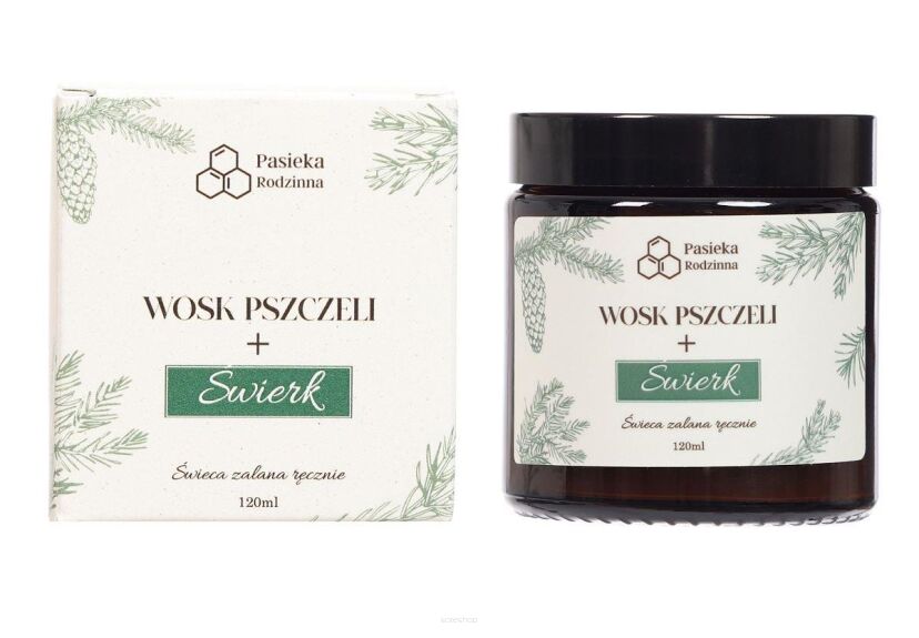 ŚWIECA ZAPACHOWA Z WOSKU PSZCZELEGO ŚWIERK 120 ml - PASIEKA RODZINNA