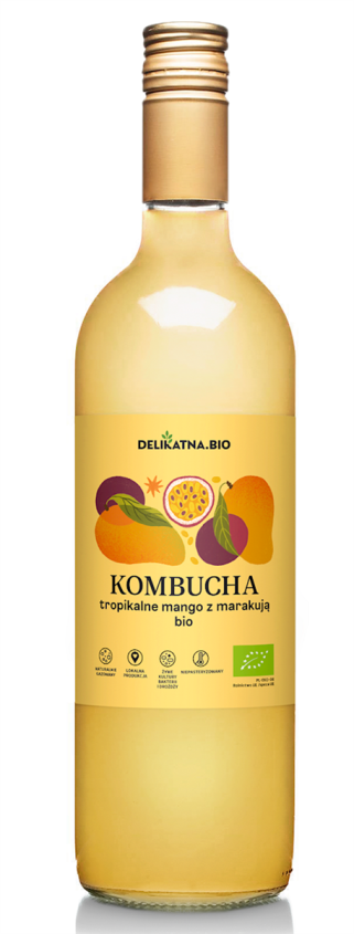 KOMBUCHA TROPIKALNE MANGO Z MARAKUJĄ BIO 750 ml - DELIKATNA (ZAKWASOWNIA)