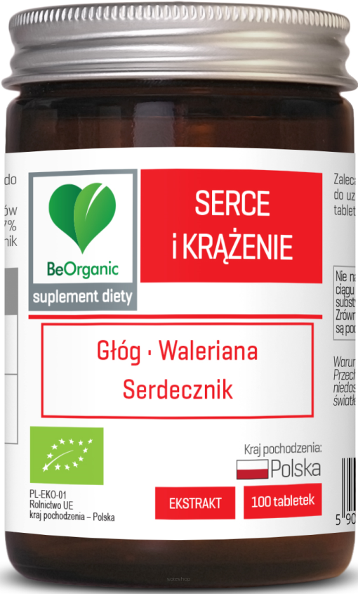 TABLETKI WSPOMAGAJĄCE SERCE I KRĄŻENIE (GŁÓG, WALERIANA, SERDECZNIK) BIO 100 szt. (500 mg) - BE ORGANIC