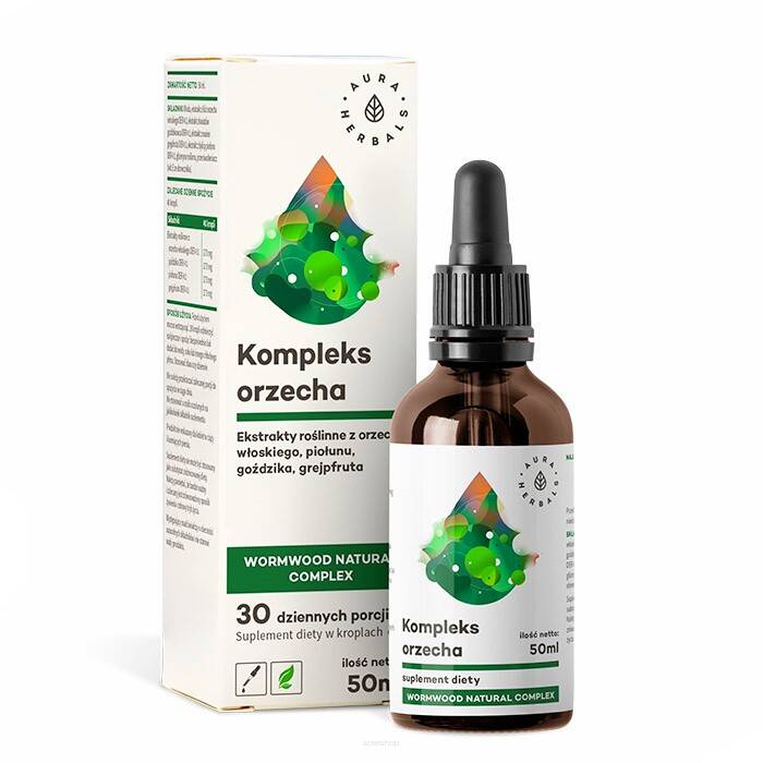 Naturalne Ekstrakty z orzecha włoskiego, piołunu, goździków i grejpfruta Orzech kompleks - Wormwood natural complex - krople (50ml) AURA HERBALS
