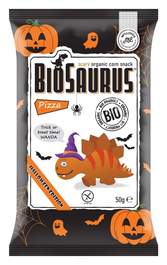 Chrupki kukurydziane Dinozaury HALLOWEEN o smaku pizzy BEZGL. BIO 50 g