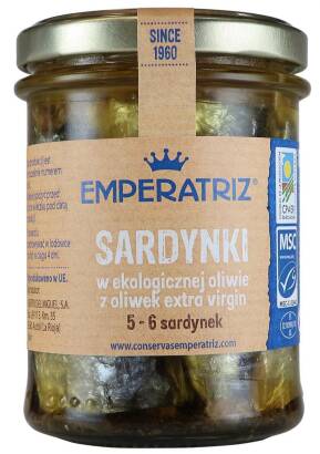 SARDYNKI EUROPEJSKIE W BIO OLIWIE Z OLIWEK EXTRA VIRGIN 190 g (133 g) (SŁOIK) - EMPERATRIZ