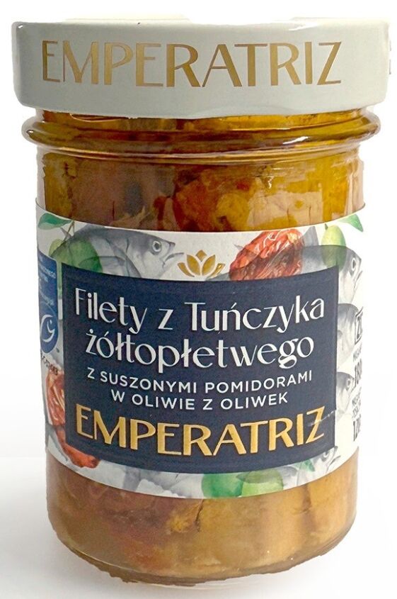 TUŃCZYK ŻÓŁTOPŁETWY FILETY MSC W OLIWIE Z OLIWEK Z SUSZONYMI POMIDORAMI 180 g (120 g) (SŁOIK) - EMPERATRIZ