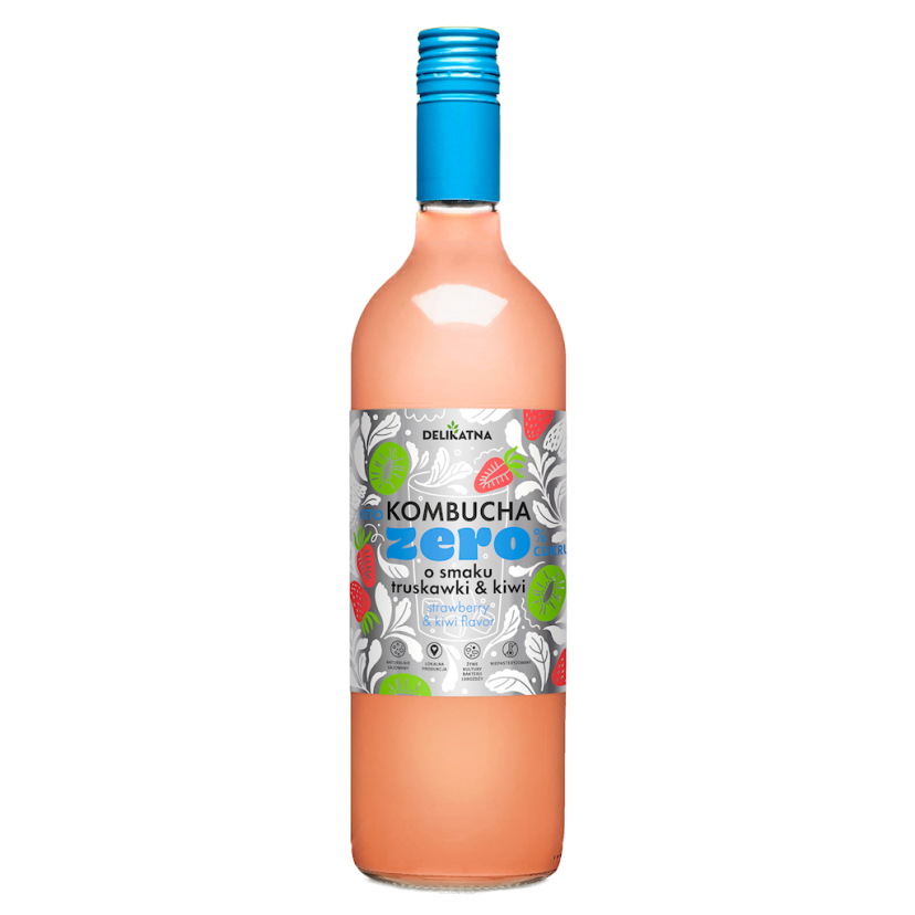 KOMBUCHA O SMAKU TRUSKAWKI I KIWI ZERO % CUKRU 750 ml - DELIKATNA