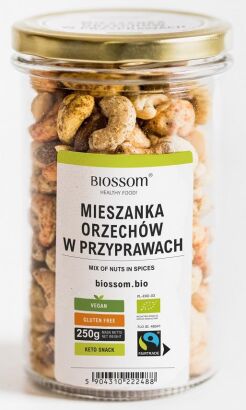 MIX ORZECHÓW W PRZYPRAWACH FAIR TRADE BEZGLUTENOWE BIO 250 g - BIOSSOM