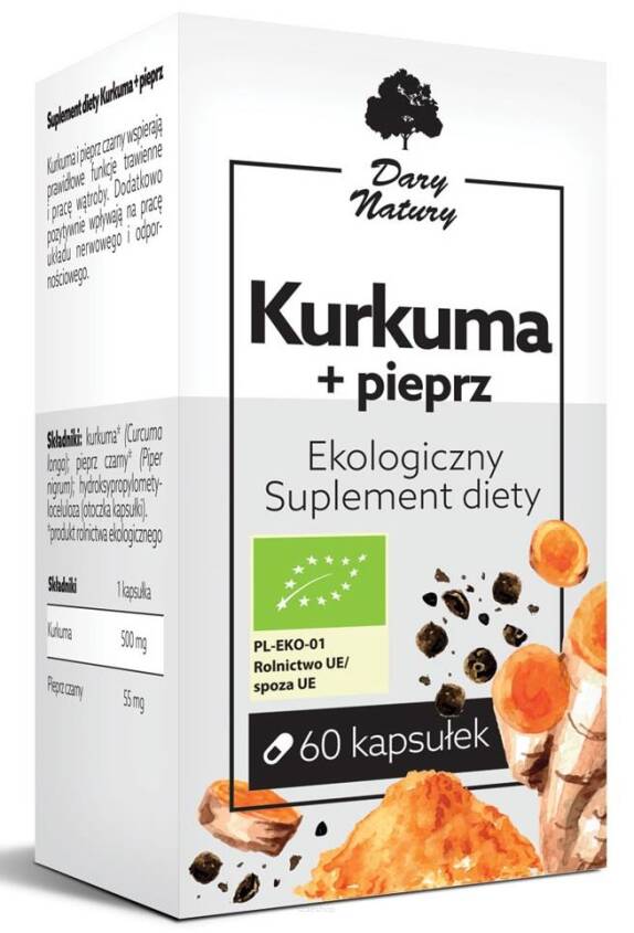 KURKUMA Z CZARNYM PIEPRZEM BIO 60 KAPSUŁEK (555 mg) - DARY NATURY