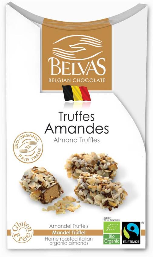 BELGIJSKIE CZEKOLADKI TRUFLE Z MIGDAŁAMI FAIR TRADE BEZGLUTENOWE BIO 100 g - BELVAS