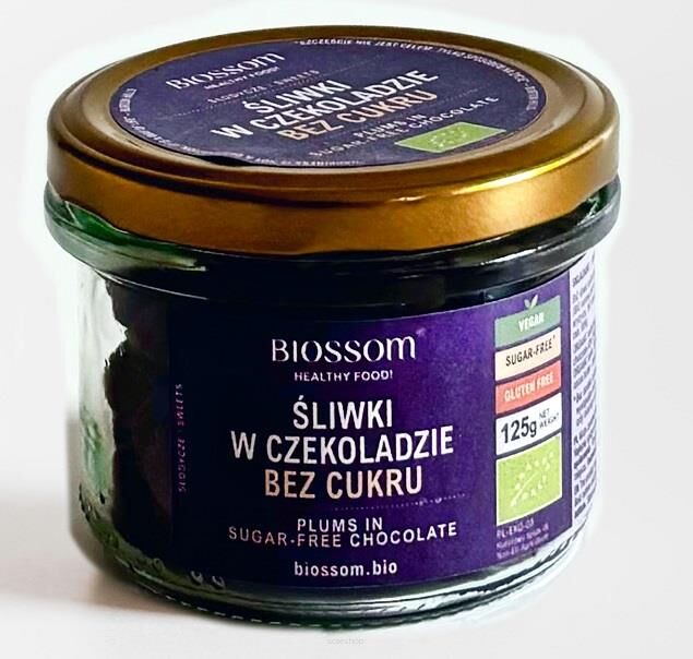 #ŚLIWKI KALIFORNIJSKIE W CZEKOLADZIE BEZ DODATKU CUKRU BEZGLUTENOWE BIO 125 g - BIOSSOM