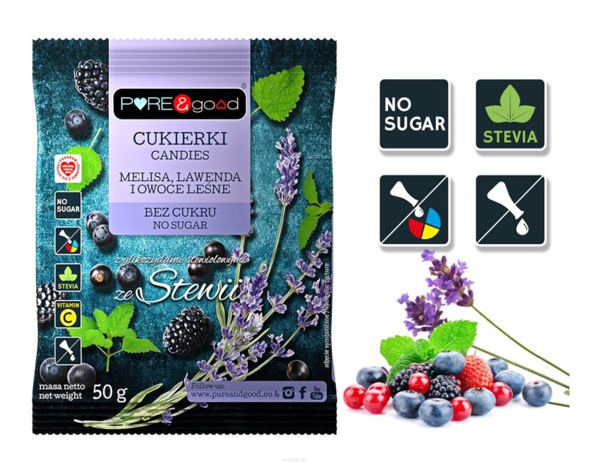 Cukierki z melisą, lawendą, owocami leśnymi ze stewią bez dodatku cukru 50 g - Pure&Good